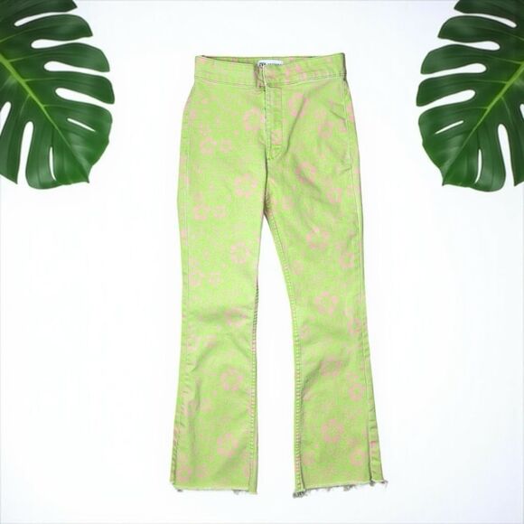 Zara 70's Retro Lime Green Mod Floral Print Flare Jeans - Picture 3 of 10